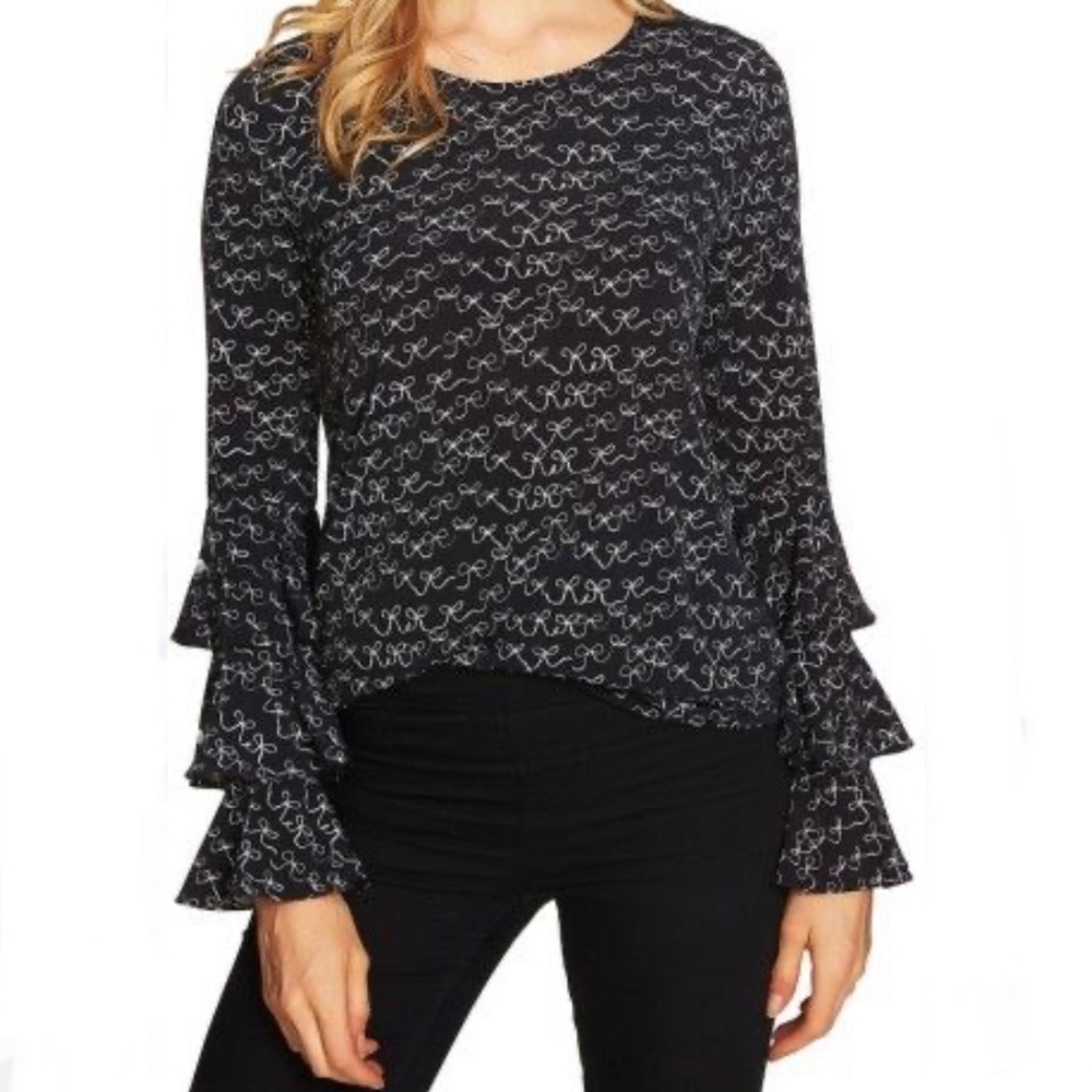 CeCe Three-tiered Ruffle Sleeve Knit Top Round Neck Black White Bow Print M